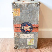 Vintage Distressed Industrial Mini Trunk with Leather Handle, Metal Clasp and Original Stickers