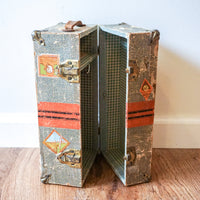 Vintage Distressed Industrial Mini Trunk with Leather Handle, Metal Clasp and Original Stickers