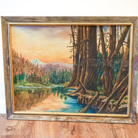 Vintage Sunset Lake Landscape Painting with Wood Frame