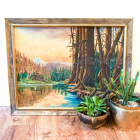 Vintage Sunset Lake Landscape Painting with Wood Frame