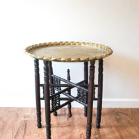 Beautiful Vintage Engraved Brass Table Top with Hand Spun Wooden Folding Legs