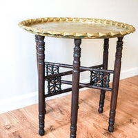 Beautiful Vintage Engraved Brass Table Top with Hand Spun Wooden Folding Legs