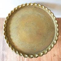 Beautiful Vintage Engraved Brass Table Top with Hand Spun Wooden Folding Legs