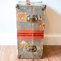 Vintage Distressed Industrial Mini Trunk with Leather Handle, Metal Clasp and Original Stickers