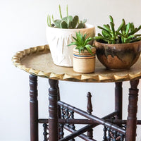 Beautiful Vintage Engraved Brass Table Top with Hand Spun Wooden Folding Legs