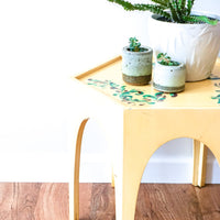 Moroccan Style Geometric Hexagon Accent Table Hand Painted Yellow with Leaf Detailing