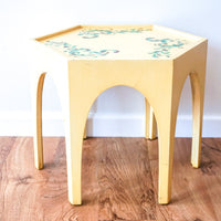 Moroccan Style Geometric Hexagon Accent Table Hand Painted Yellow with Leaf Detailing