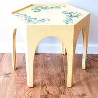 Moroccan Style Geometric Hexagon Accent Table Hand Painted Yellow with Leaf Detailing