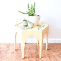 Moroccan Style Geometric Hexagon Accent Table Hand Painted Yellow with Leaf Detailing