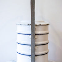 Vintage Set of 4 Swedish White Enamel Stacking Canisters with Original Metal Organizing Rack