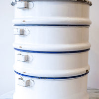 Vintage Set of 4 Swedish White Enamel Stacking Canisters with Original Metal Organizing Rack