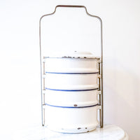 Vintage Set of 4 Swedish White Enamel Stacking Canisters with Original Metal Organizing Rack