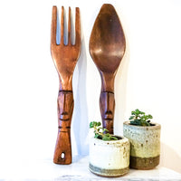 Small Solid Wood Mid-Century Hand Carved Fork and Spoon Set