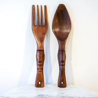 Small Solid Wood Mid-Century Hand Carved Fork and Spoon Set