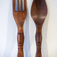 Small Solid Wood Mid-Century Hand Carved Fork and Spoon Set
