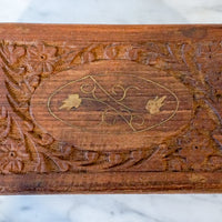 Vintage Hand Carved Wooden Jewelry/Trinket Box with Gold Details and Fabric Lining