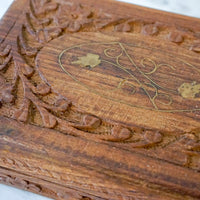 Vintage Hand Carved Wooden Jewelry/Trinket Box with Gold Details and Fabric Lining