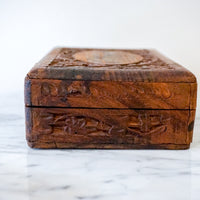 Vintage Hand Carved Wooden Jewelry/Trinket Box with Gold Details and Fabric Lining