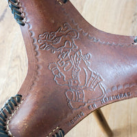 Vintage Hand Made Leather Tri-Fold Camping Stool with Original Wooden Legs - Made in Honduras