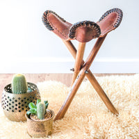 Vintage Hand Made Leather Tri-Fold Camping Stool with Original Wooden Legs - Made in Honduras