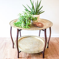 Stunning Vintage Mid-Century Two-Tiered Round Brass Coffee Table with Folding Teak Legs