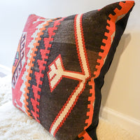 Extra Large Vintage Tribal Red and Faded Black Kilim Pillow