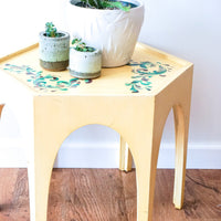 Moroccan Style Geometric Hexagon Accent Table Hand Painted Yellow with Leaf Detailing