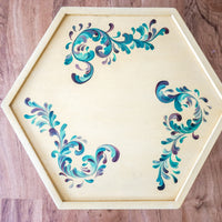 Moroccan Style Geometric Hexagon Accent Table Hand Painted Yellow with Leaf Detailing