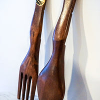 Small Solid Wood Mid-Century Hand Carved Fork and Spoon Set