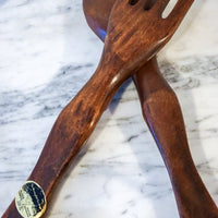 Small Solid Wood Mid-Century Hand Carved Fork and Spoon Set