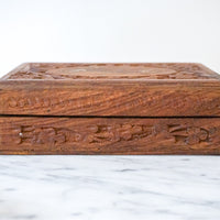 Vintage Hand Carved Wooden Jewelry/Trinket Box with Gold Details and Fabric Lining