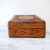 Vintage Hand Carved Wooden Jewelry/Trinket Box with Gold Details and Fabric Lining