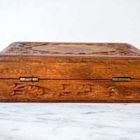 Vintage Hand Carved Wooden Jewelry/Trinket Box with Gold Details and Fabric Lining