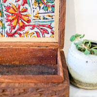 Vintage Hand Carved Wooden Jewelry/Trinket Box with Gold Details and Fabric Lining