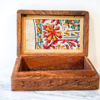 Vintage Hand Carved Wooden Jewelry/Trinket Box with Gold Details and Fabric Lining