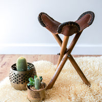 Vintage Hand Made Leather Tri-Fold Camping Stool with Original Wooden Legs - Made in Honduras