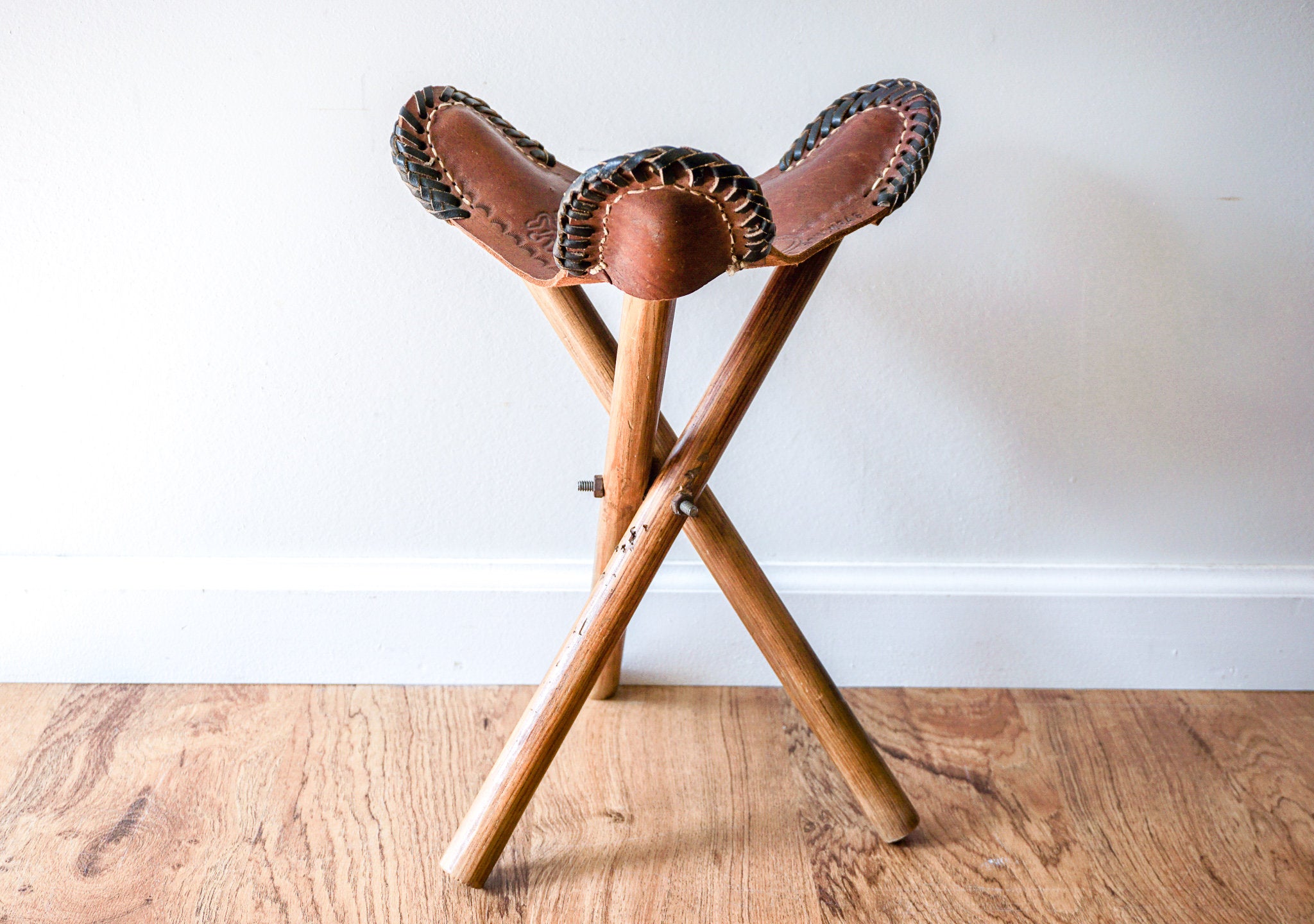 Vintage Hand Made Leather Tri-Fold Camping Stool with Original Wooden –  Portland Revibe