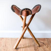 Vintage Hand Made Leather Tri-Fold Camping Stool with Original Wooden Legs - Made in Honduras