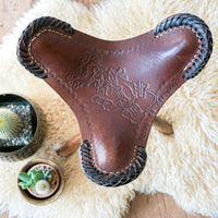 Vintage Hand Made Leather Tri-Fold Camping Stool with Original Wooden Legs - Made in Honduras