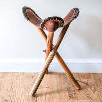 Vintage Hand Made Leather Tri-Fold Camping Stool with Original Wooden Legs - Made in Honduras