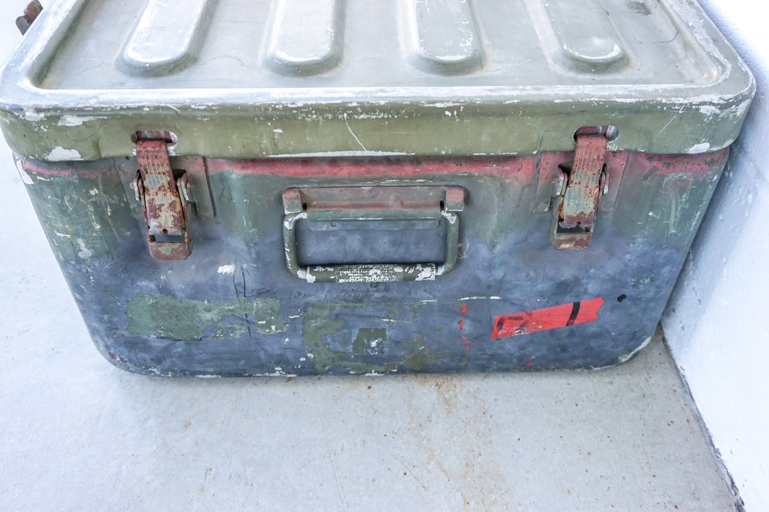 Aluminum Industrial Vintage Latching Military Metal Medic Box with Original Hardware and Graphics