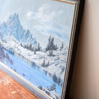 Gorgeous Vintage 1974 Snowy Grand Tetons Alpine Lake Painting with Original Wood Frame - Signed by Artist Connie Robinson