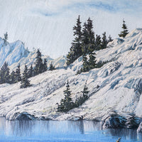Gorgeous Vintage 1974 Snowy Grand Tetons Alpine Lake Painting with Original Wood Frame - Signed by Artist Connie Robinson