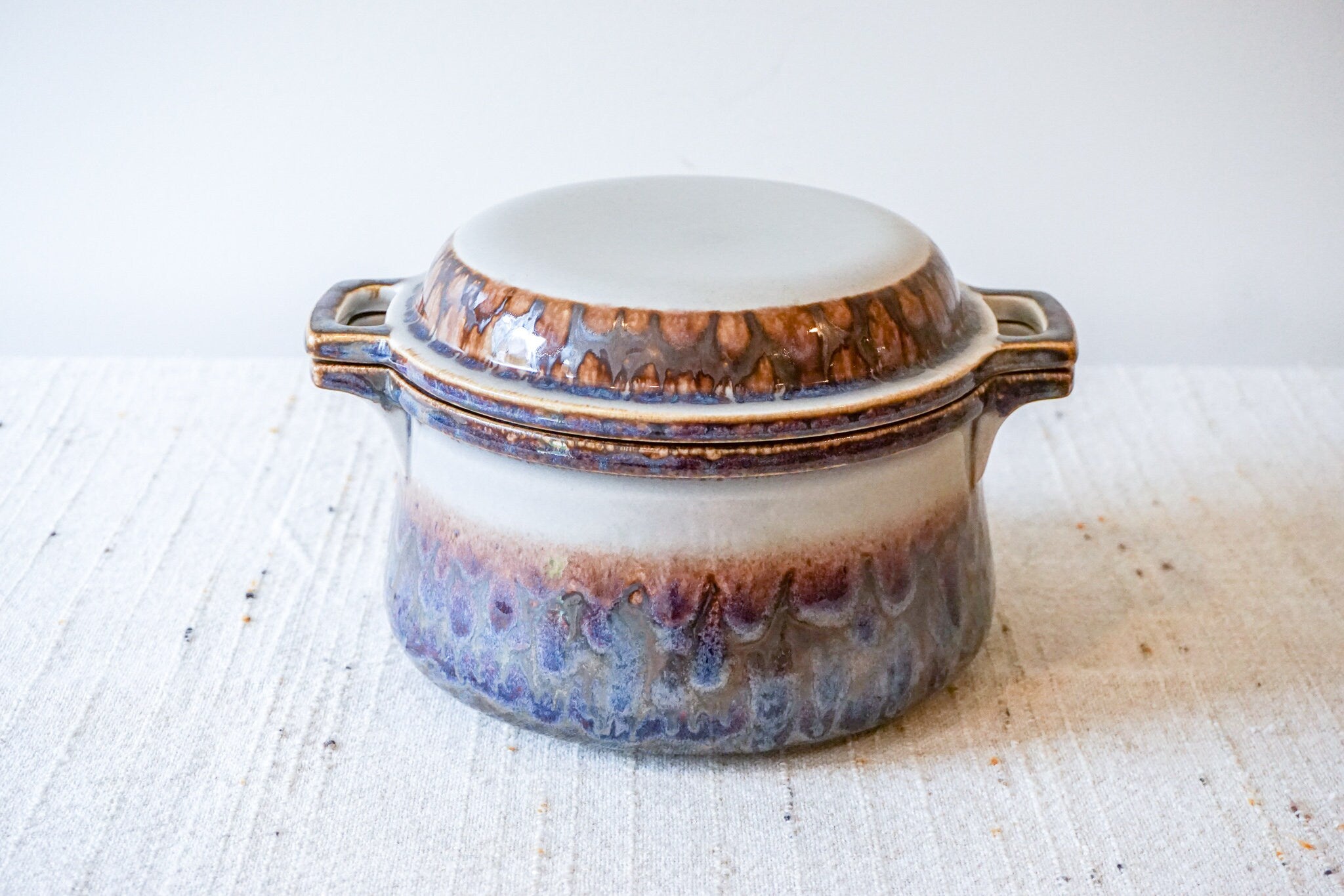 Vintage Stoneware Studio Pottery Pot with Lid and Handle Casserole Dish