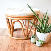 Large Vintage Woven Bentwood Bamboo Ottoman with White Cushion