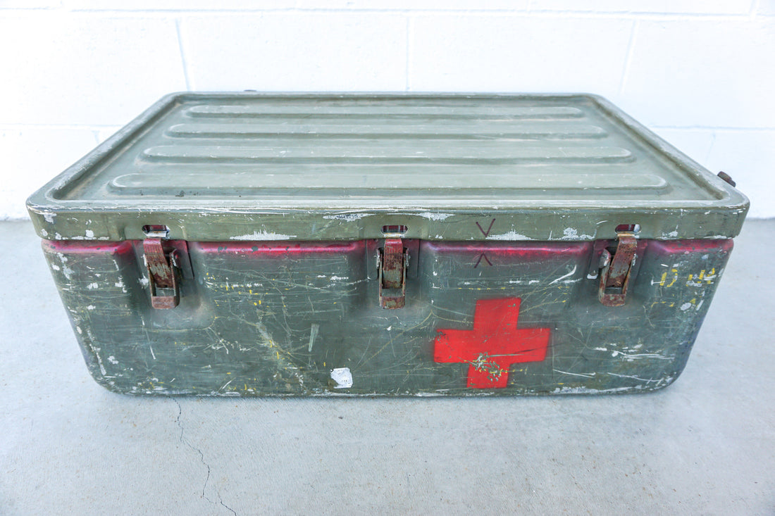 Aluminum Industrial Vintage Latching Military Metal Medic Box with Original Hardware and Graphics
