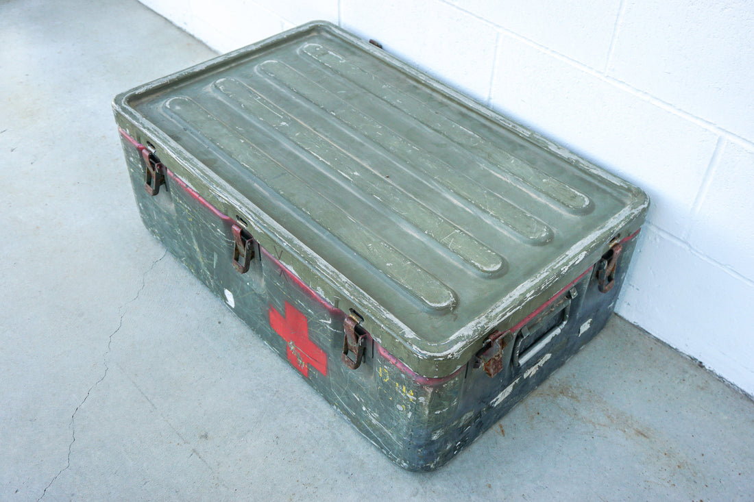 Aluminum Industrial Vintage Latching Military Metal Medic Box with Original Hardware and Graphics