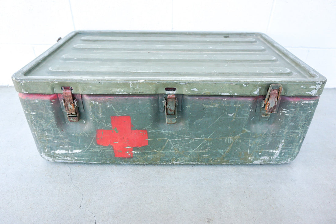 Aluminum Industrial Vintage Latching Military Metal Medic Box with Original Hardware and Graphics