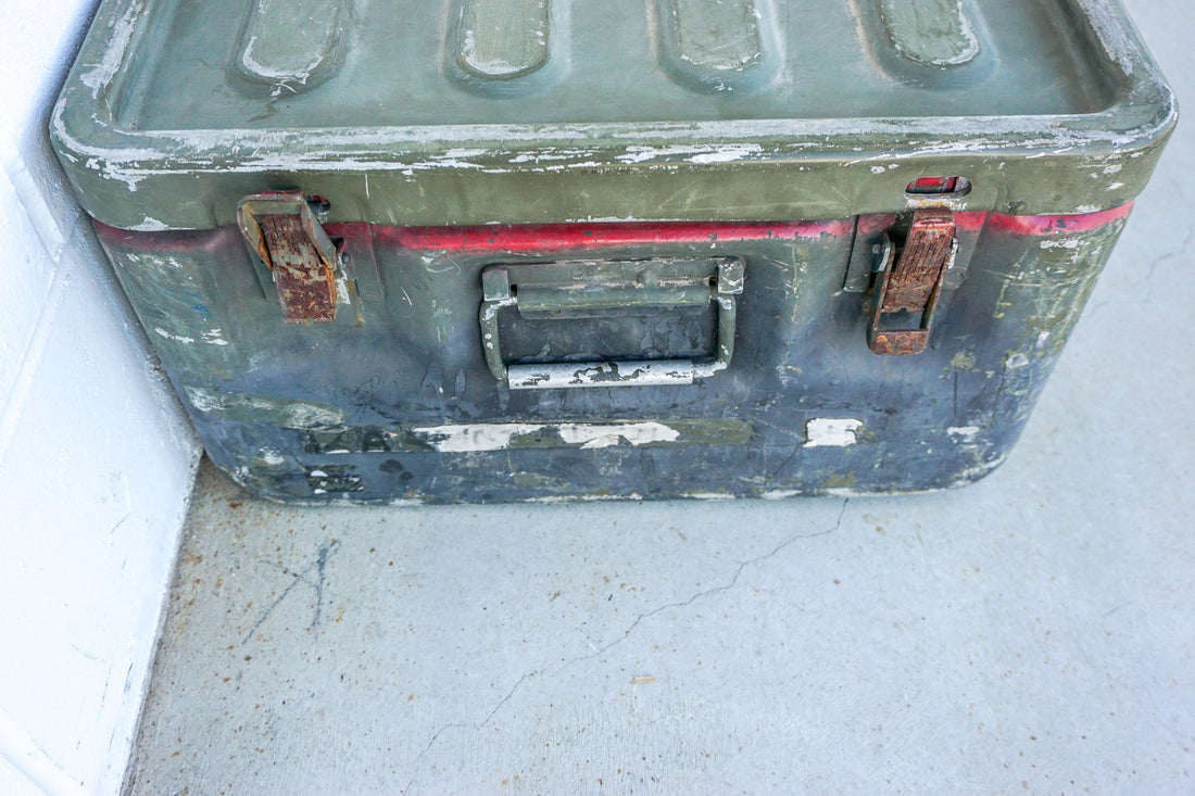 Aluminum Industrial Vintage Latching Military Metal Medic Box with Original Hardware and Graphics