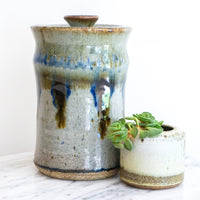 Ceramic Pottery Canister Jar with Lid with Blue Drip Glaze Detailing